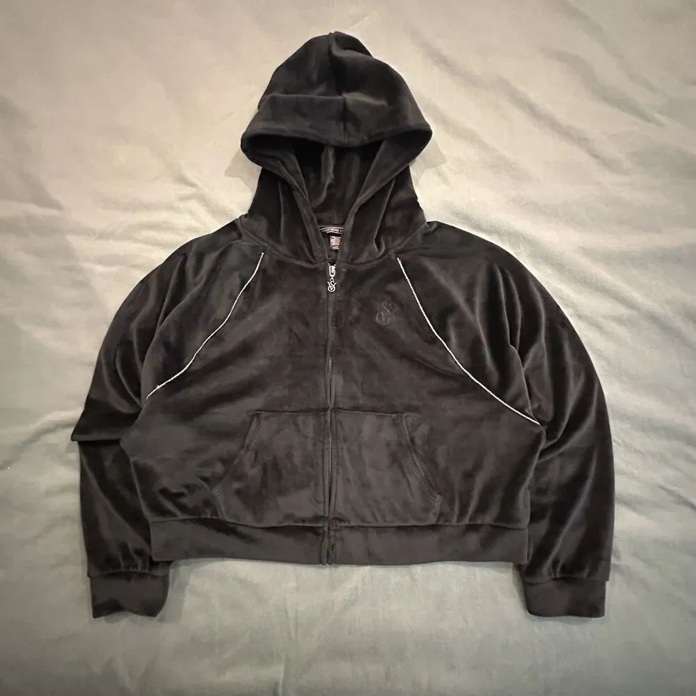 Victoria's Secret Velour Hoodie Womens L Bling Rhinestone Zip Up Track Jacket